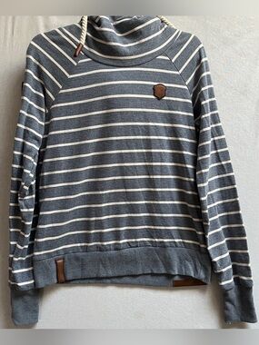Naketano Striped Blue Cream Cowl Neck Sweatshirt Leather Patches Size M